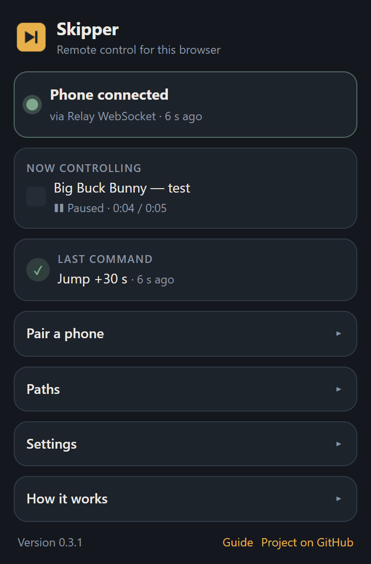 The Skipper for Chrome popup: phone connected, the tab being controlled, and the last command received