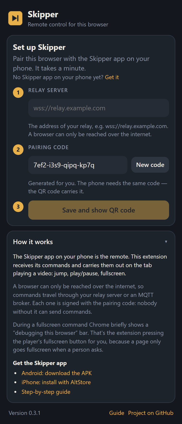 The Skipper for Chrome setup: relay server, pairing code, and a button to save and show the QR code
