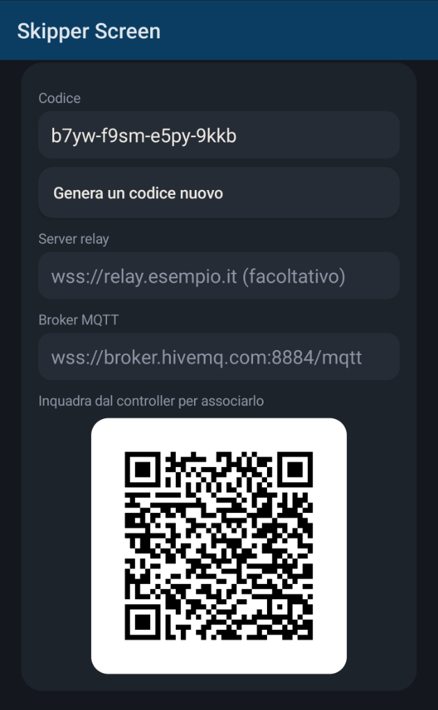 Skipper Screen on a phone: the pairing code, the relay and MQTT addresses, and the QR code to scan