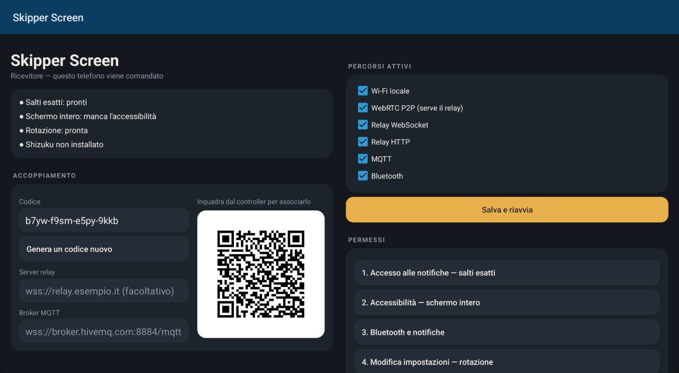 Skipper Screen on a tablet in landscape: status and pairing on the left, connections and permissions on the right